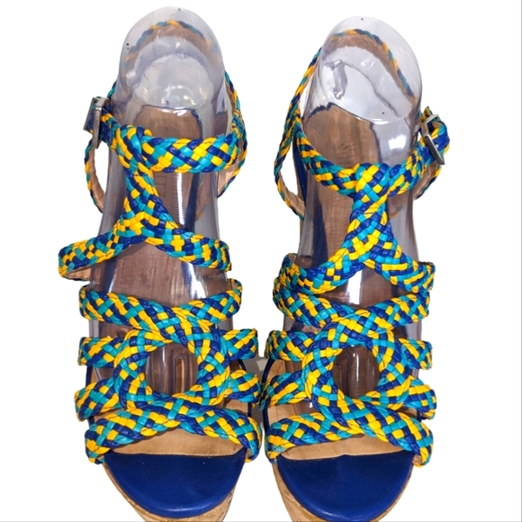 Schutz Caron Olympian Blue HIgh Heel Cork Wedge Platform Multi Color Sandals..10 - Picture 2 of 9